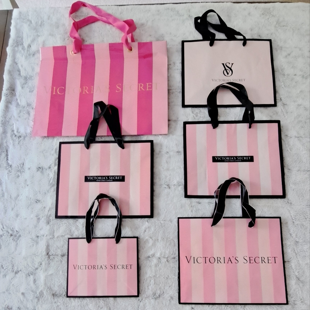 Victoria's Secret pink black striped reusable gift shopping bags bundle of 6.